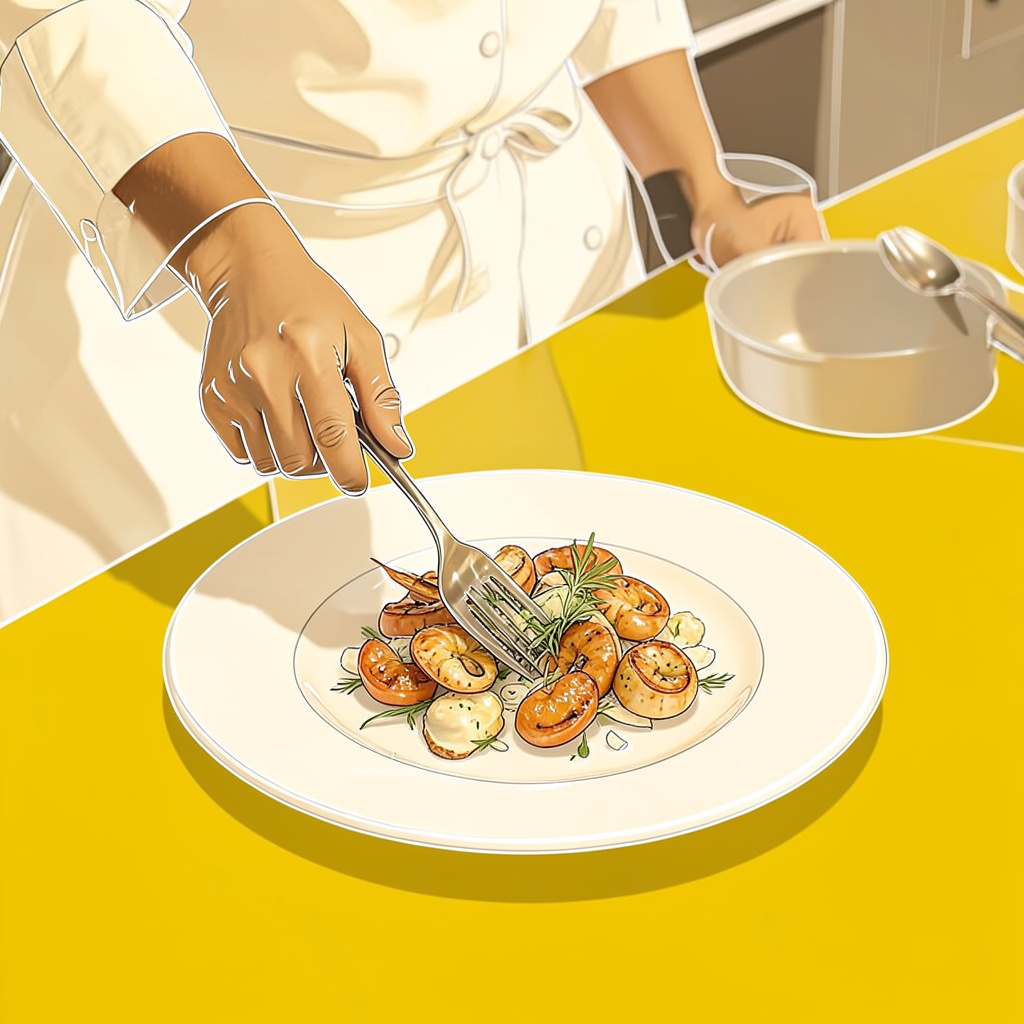 A chef's hands plating a seafood dish on a white plate, soft kitchen lighting, warm tones.