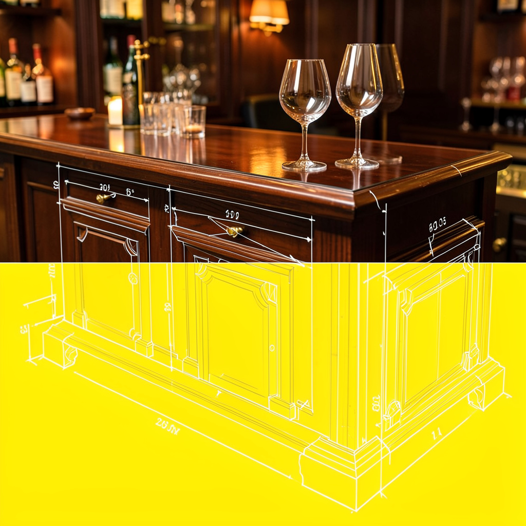 A polished bar top with glassware and warm ambient light, rich wood and brass accents.